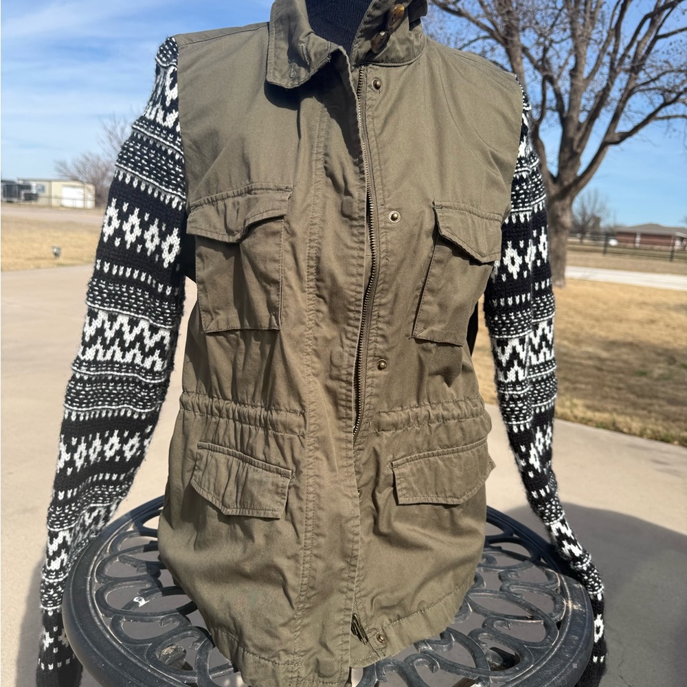 Love Tree Khaki Utility Jacket with Black and White Sleeves